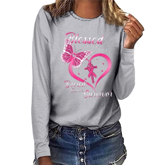 Babysbule Tops for Women Women Breast Cancer Top Casual Long Sleeve O-neck Sweatshirt Pullover Blouse