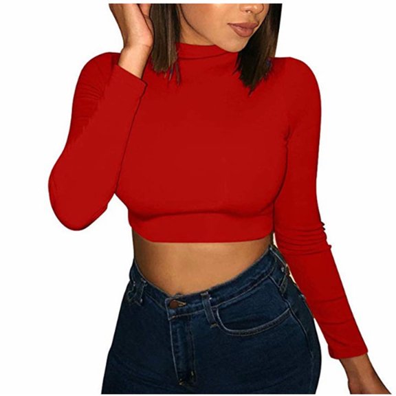 Babysbule Tops for Women Women Solid Color Crop Workout Long Sleeve O-Neck Shirts Casual Blouse Tops