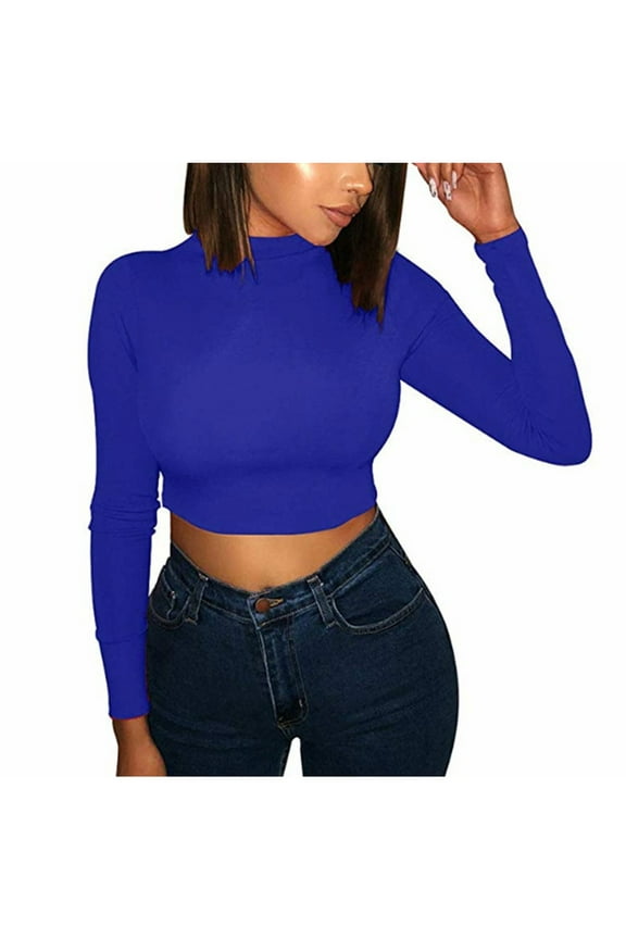Tops for Women Women Solid Color Crop Workout Long Sleeve O-Neck Shirts Casual Blouse Tops