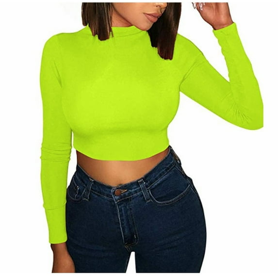 Babysbule Tops for Women Women Solid Color Crop Workout Long Sleeve O-Neck Shirts Casual Blouse Tops