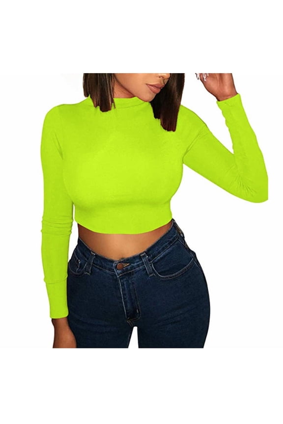 Tops for Women Women Solid Color Crop Workout Long Sleeve O-Neck Shirts Casual Blouse Tops
