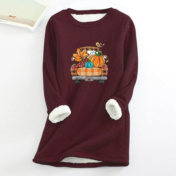 Babysbule Tops for Women Women Thick Fleece Sweatshirt Long Sleeve Print Velvet Warm Round Neck Underwear Tops