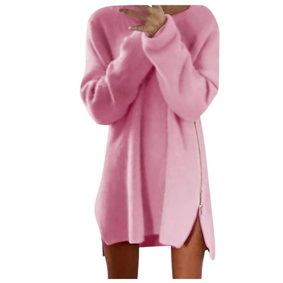 Babysbule Tops for Women Women's Maxi Dresses Winter Women Fashion Casual Soild Loose O-Neck Long Sleeve Zipper Thin Plush Dress