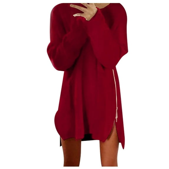 Babysbule Tops for Women Women's Maxi Dresses Winter Women Fashion Casual Soild Loose O-Neck Long Sleeve Zipper Thin Plush Dress