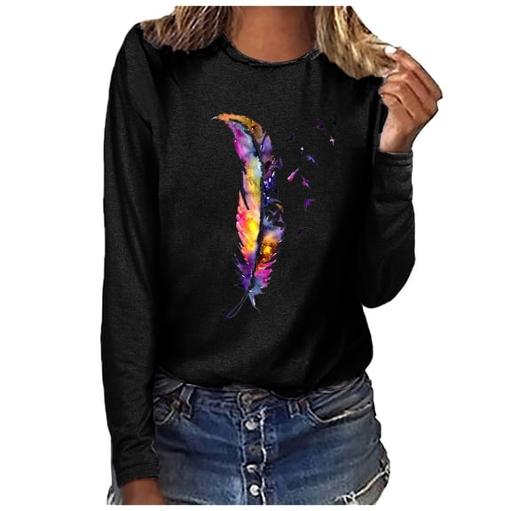 Babysbule Tops for Women Women's Tops O-Neck Printing Long Sleeve Casual Loose Blouse T-shirt Tops