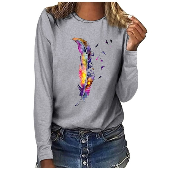 Babysbule Tops for Women Women's Tops O-Neck Printing Long Sleeve Casual Loose Blouse T-shirt Tops