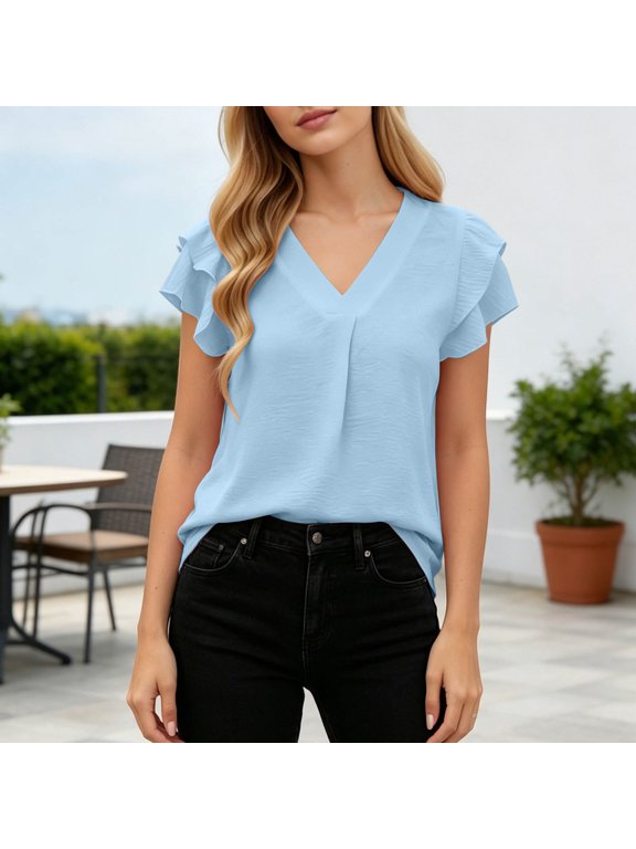 V-Neck Double Ruffle Flutter Sleeve Blouse Women's Casual Cotton Spandex Summer Everyday Top