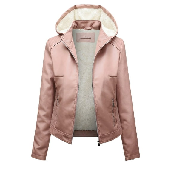 Babysbule Winter Coats for Women Women's Fashion Casual Hooded Zipper Long Sleeve Solid Color Leather Jacket Coat Tops