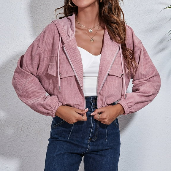 Babysbule Winter Coats for Women Women's Winter Hooded Corduroy Jacket Loose Drop Shoulder Long Sleeve Short Jacket Tops