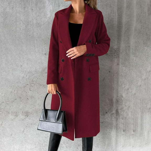 Babysbule Winter Jackets for Women Women Fashion Casual Solid Color Woolen Double Breasted Overcoat Turndown Collar Long Sleeve Hoodless Casual Outwear