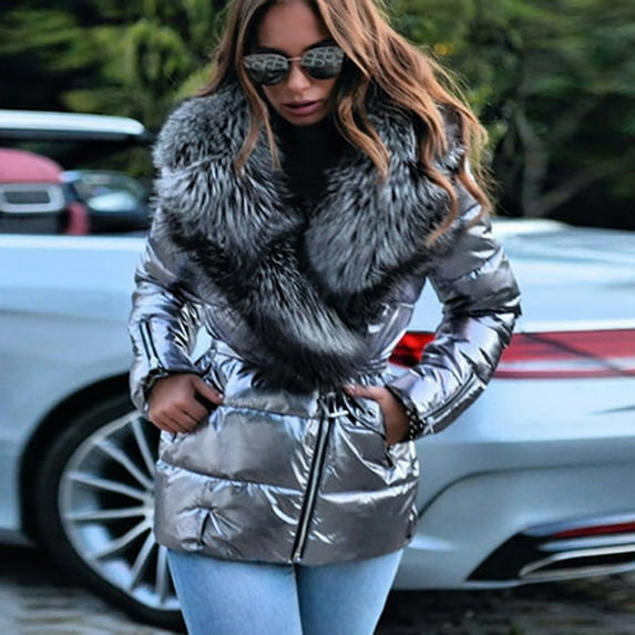 Babysbule Winter Jackets for Women Ladies Shiny Big Collar Short Long-sleeved Cotton Down Padded Jacket
