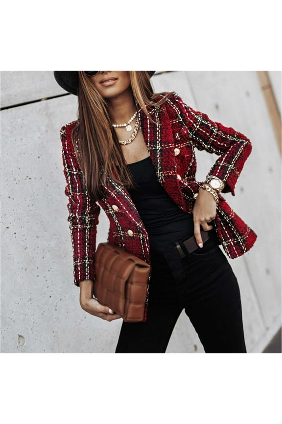 Winter Jackets for Women Women Plaid Check Suit Satin Jacket Formal Cardigan Pocket Work Office Suit Coat