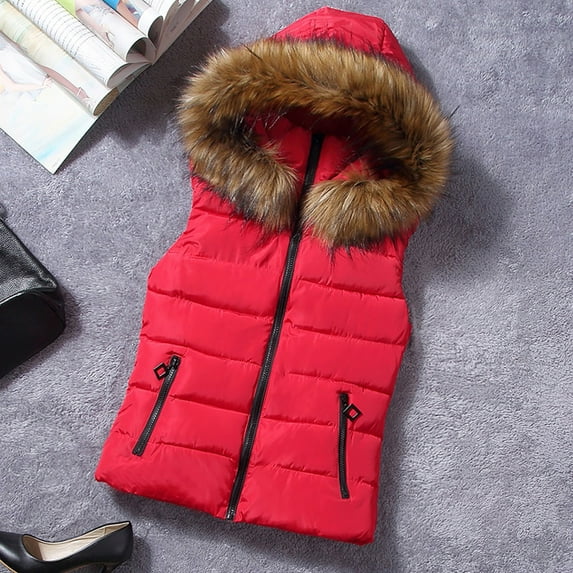 Babysbule Winter Jackets for Women Clearance Women Short Outerwear Cotton-padded Jackets Pocket Faux Hooded Vest Coats