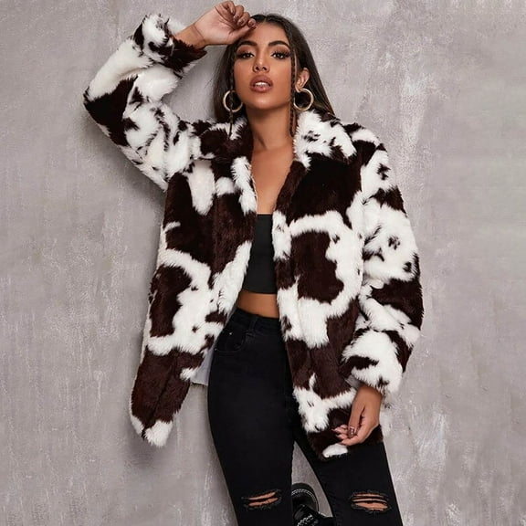Babysbule Winter Jackets for Women Women's Autumn And Winter Harajuku Style Cow Pattern Imitation Coat Women's Jacket Loose Coat