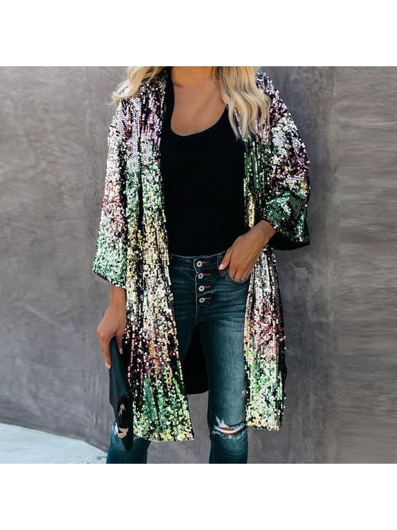 Winter Jackets for Women Women's Autumn Flare Sleeve Sequins Metallic Open Front Cardigan Coat