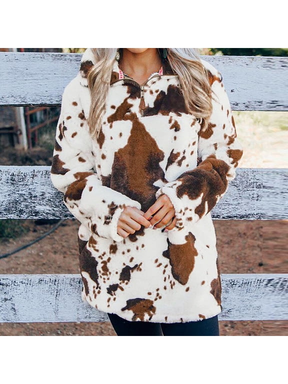 Winter Jackets for Women Women's Reversible Fleece Long Sleeve Zipper Pullover Stand Collar Cow Jacket Top