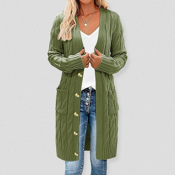 Babysbule Winter Jackets for Women Womens Long Sleeve Cable Knit Long Cardigan Open Front Button Sweater Outerwear