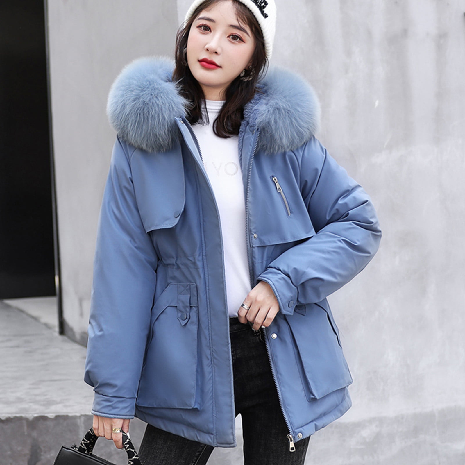 Babysbule Winter Jackets for Women Clearance Womens Winter Jacket Warm  Overcoat Slim Fur-Collar Zipper Thicker Coat Outwear 