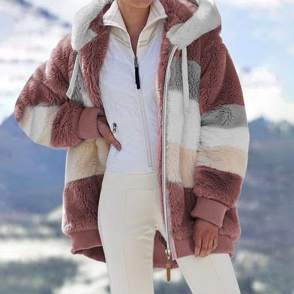 Babysbule Women's Tops, Jackets& Coat Fashion Ladies Winter Hooded Top Loose Long-sleeve Jacket Plush Coat with Zipper