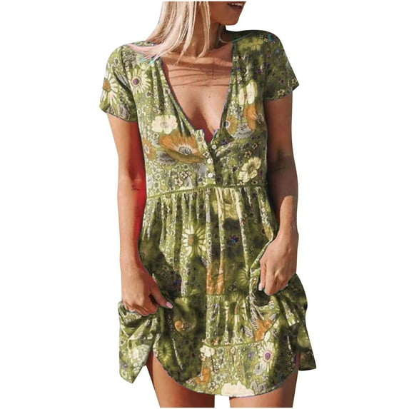 Babysbule Woman Summer Dresses Fashion Women Loose V-Neck Summer Color Matching Short Sleeve Dress