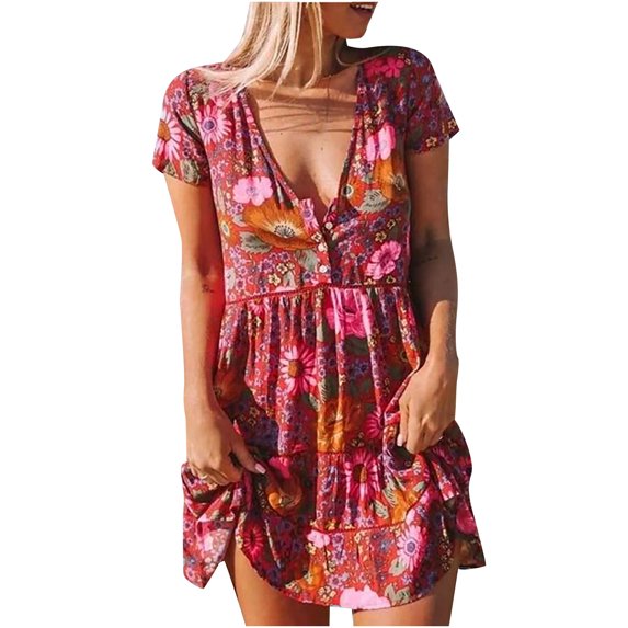 Babysbule Woman Summer Dresses Fashion Women Loose V-Neck Summer Color Matching Short Sleeve Dress