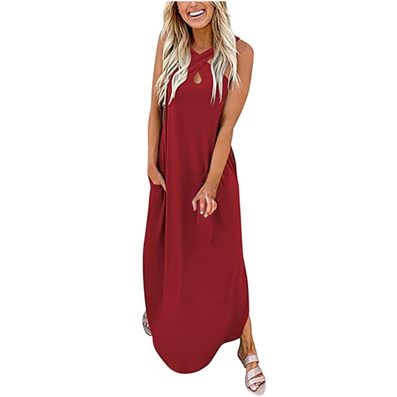 Babysbule Woman Summer Dresses Women's Casual Loose Summer Long Dress Sleeveless Split Beach Maxi Dresses With Pockets