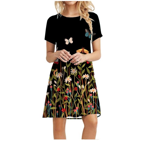 Babysbule Woman Summer Dresses Women's Casual Plain Loose Short Sleeve Loose Dress Floral Print Sunflower Print Dress