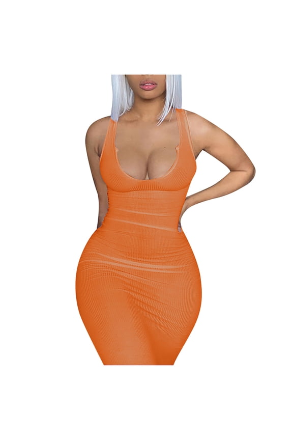 Woman Summer Dresses Women's Tank Dress Deep V-Neck Sleeveless Ribbed Party Club Dress