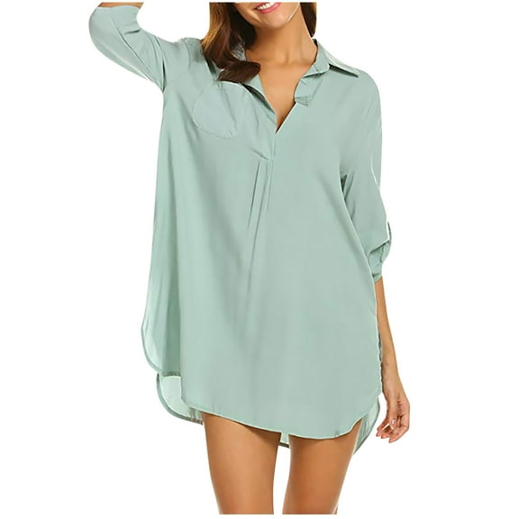 Babysbule Woman Summer Dresses Women's Solid Color V-neck Three-quarter Sleeves Beach Sunscreen Shirt Dress