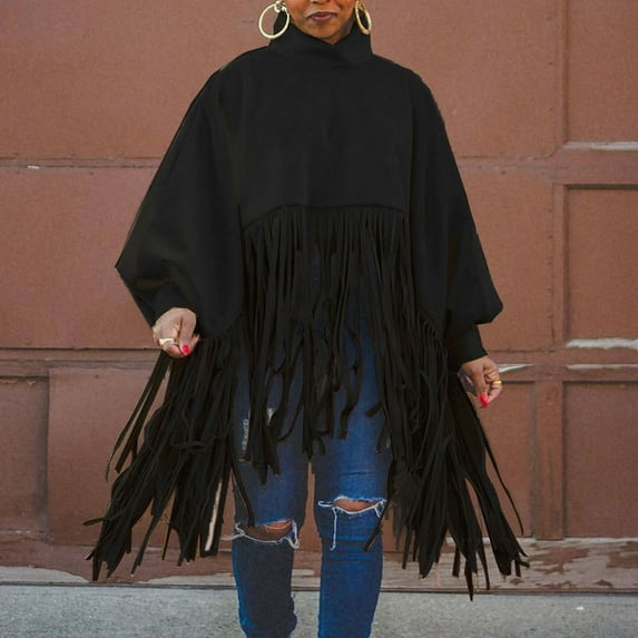 Babysbule Woman's Long Sleeve Tops Fashion Solid Color High Neck Lantern Sleeve Tassel Design Tops