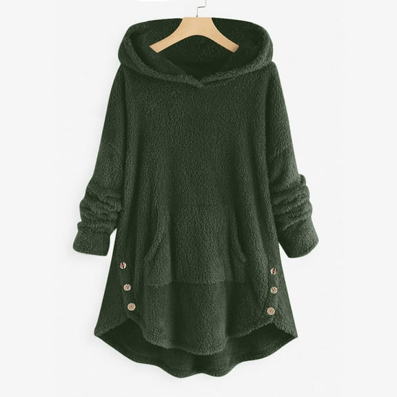 Babysbule Woman's Long Sleeved Hooded Casual Solid Color Plush Buttons Plush Coat Top