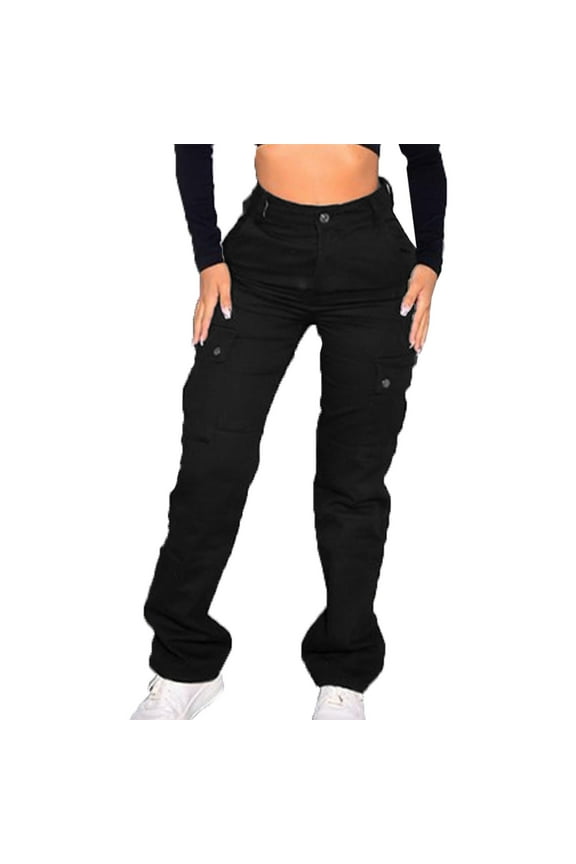 Women Cargo Jeans Pants Button Casual Loose Solid Trousers Pockets Zipper Long Pants Trousers