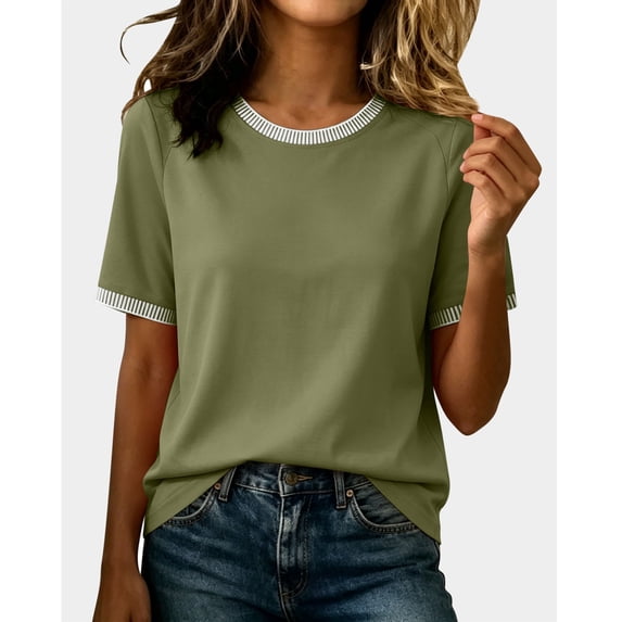 Babysbule Women Crew Neck Contrast Rib Trim Raglan Short Sleeve Loose Casual Tee for Summer Daily Vacation Outfits