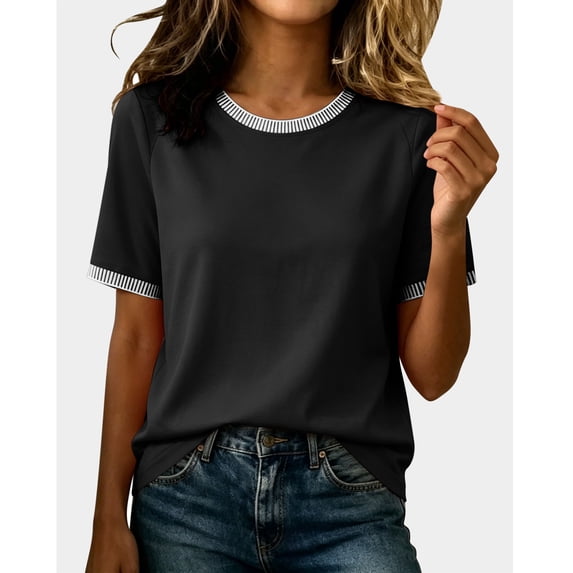 Babysbule Women Crew Neck Contrast Rib Trim Raglan Short Sleeve Loose Casual Tee for Summer Daily Vacation Outfits