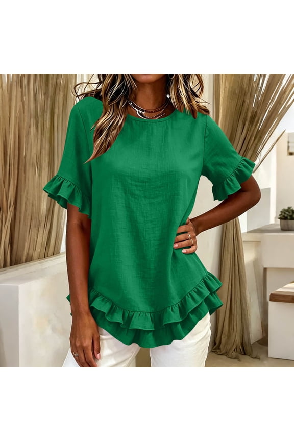Women Crew Neck Ruffle Flutter Short Sleeve Blouse Loose Fit Casual Top for Spring Summer Brunch Vacation Street Outfits