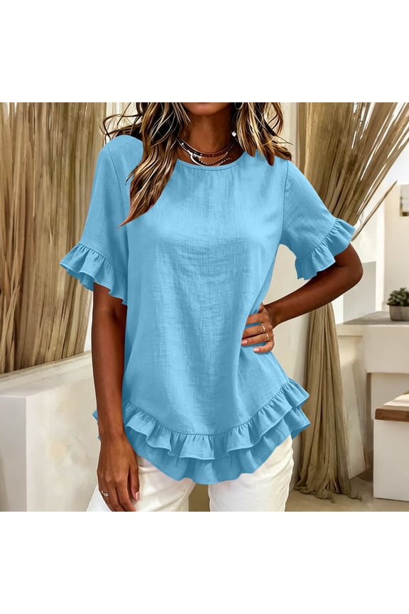 Women Crew Neck Ruffle Flutter Short Sleeve Blouse Loose Fit Casual Top for Spring Summer Brunch Vacation Street Outfits