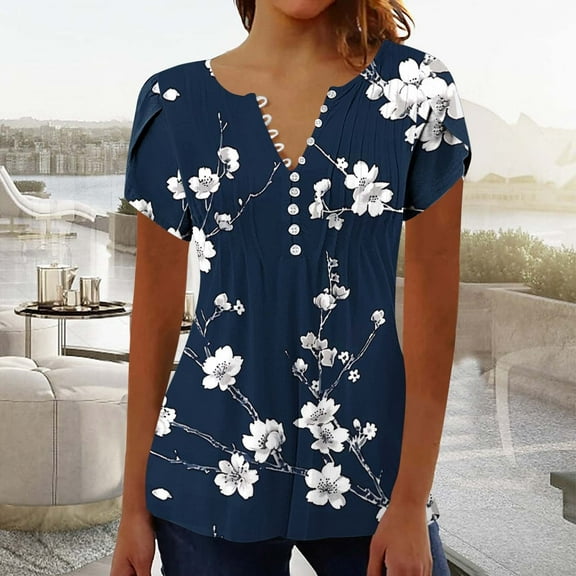 Babysbule Women Fashion V Neck Button Top Fold Printed Short Sleeve T-Shirt Casual Summer Blouse for Party Beach