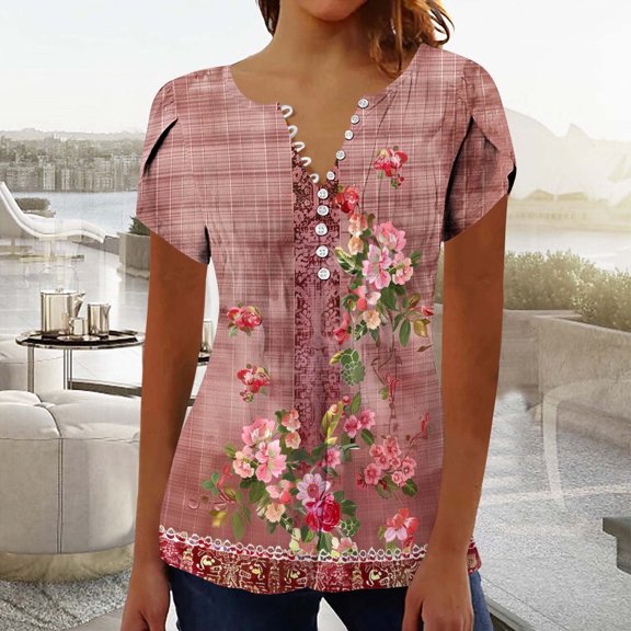 Babysbule Women Fashion V Neck Button Top Printed Short Sleeve Blouse Casual Summer T-Shirt for Party Beach
