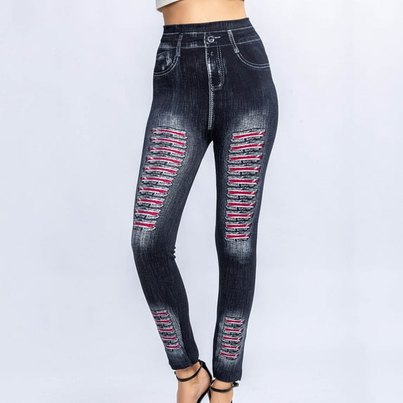 YUNAFFT Women High Waist Casual Long Pants Fashion Women's Stripe Print Imitation Denim Leggings Elastic Slim Hip Ninth Pants