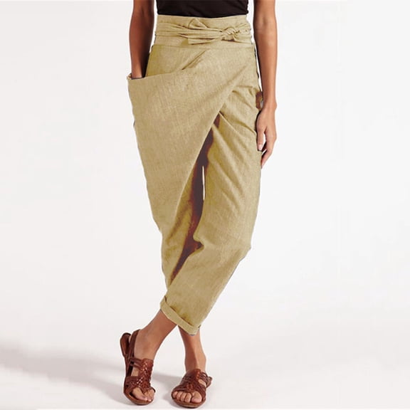 Babysbule Women High Waist Casual Wide Leg Long Pants Women's Casual High-waist Strapped Solid Color Trousers