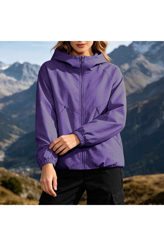 Women Hooded Wind Resistant Outerwear Jacket Relaxed Fit Full Zip Raglan Sleeve Water Repellent Woven Coat for Outdoor