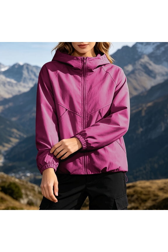 Women Hooded Wind Resistant Outerwear Jacket Relaxed Fit Full Zip Raglan Sleeve Water Repellent Woven Coat for Outdoor