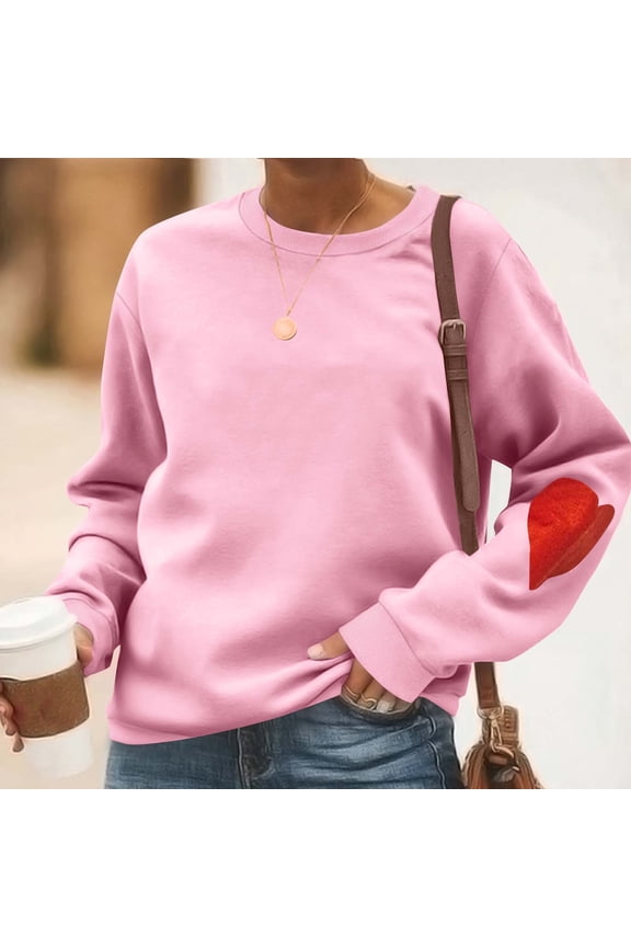 Women Hoodless Sweatshirt Long Sleeve Cute Heart Elbow Patch Pullover Loose Crew Neck Short Casual Swearshirt