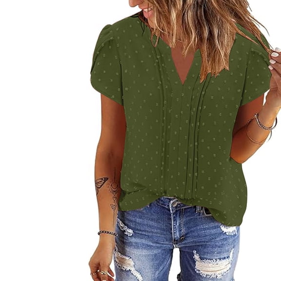 Babysbule Women Lace Blouse Short Sleeve V-Neck Casual Tops Stylish Solid Pullover Shirt with Double Layer Fabric for Party Daily Wear