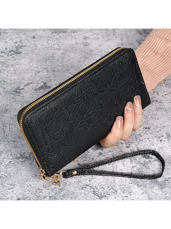 Women Long Floral Embossed Zipper Wallet Multifunctional Purse with Wrist Strap and Multiple Card Slots