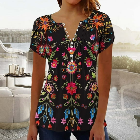 Babysbule Women V Neck Button Top Summer Casual Printed Short Sleeve Blouse Fashion Fold T-Shirt Party Beach Wear Polyester