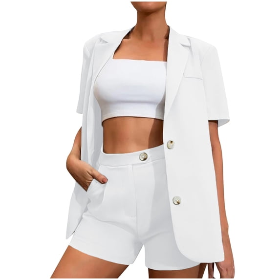 Babysbule Women Shorts 2PC Fashion Woman Solid Short Sleeve Blouse Coat + High Waist Pockets Pants Sets