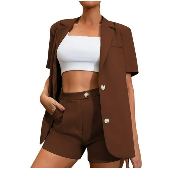 Babysbule Women Shorts 2PC Fashion Woman Solid Short Sleeve Blouse Coat + High Waist Pockets Pants Sets