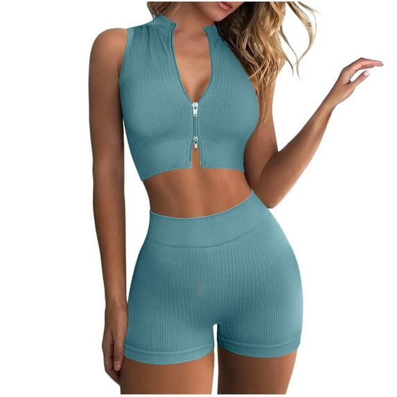 Babysbule Women Shorts Fashion Women Two-Piece Seamless Zipper High-Waisted Sports Shorts Workout Set