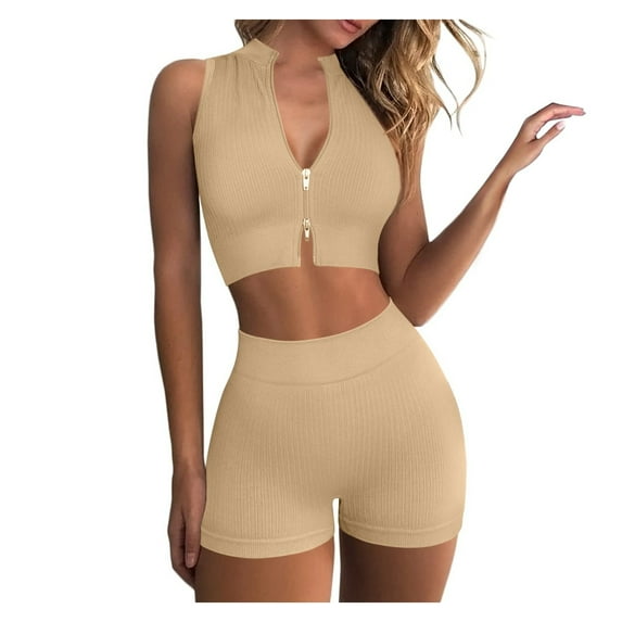 Babysbule Women Shorts Clearance Fashion Women Two-Piece Seamless Zipper High-Waisted Sports Shorts Workout Set